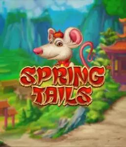 A whimsical illustration of a white rat dressed in traditional Chinese attire standing in a scenic landscape with mountains. The image represents the Spring Tails Slot by Betsoft, highlighted with prominent red and gold logo text.