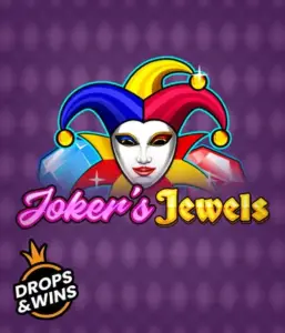 Experience the colorful charm of Joker's Jewels slot by Pragmatic Play, featuring a captivating joker's mask embellished with a multicolored jester hat. This image evokes the fun and excitement of traditional joker games, set against a purple background. Great for casino game enthusiasts, delivering a entertaining gaming experience. 