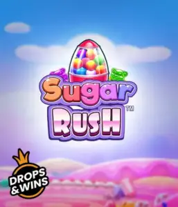 Experience the delightful world of the Sugar Rush slot game by Pragmatic Play, featuring a bright candy dispenser against a fantastic candy landscape. This image captures the playfulness of the game, adorned with vivid candies and charming typography. Ideal for players seeking a sweet adventure, offering hours of fun. 