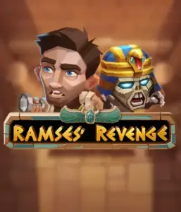 Uncover the mysterious world of the Ramses' Revenge game by Relax Gaming, showcasing a frightened explorer and a terrifying mummy set against an Egyptian tomb backdrop. This graphic captures the drama of ancient Egyptian myths, great for adventure seekers, offering a thrilling gaming experience. 